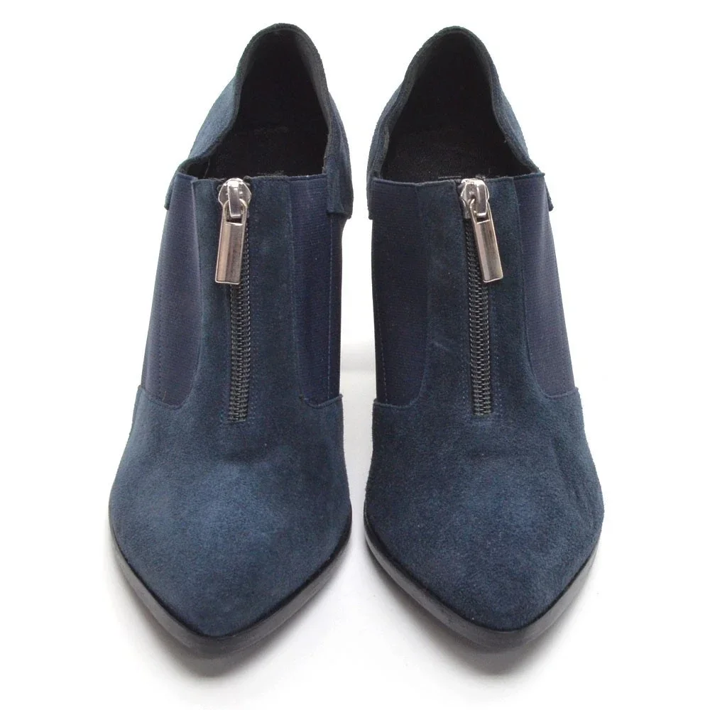 Claetyn Wood Blue Suede Top Zip Heeled Booties 39 New